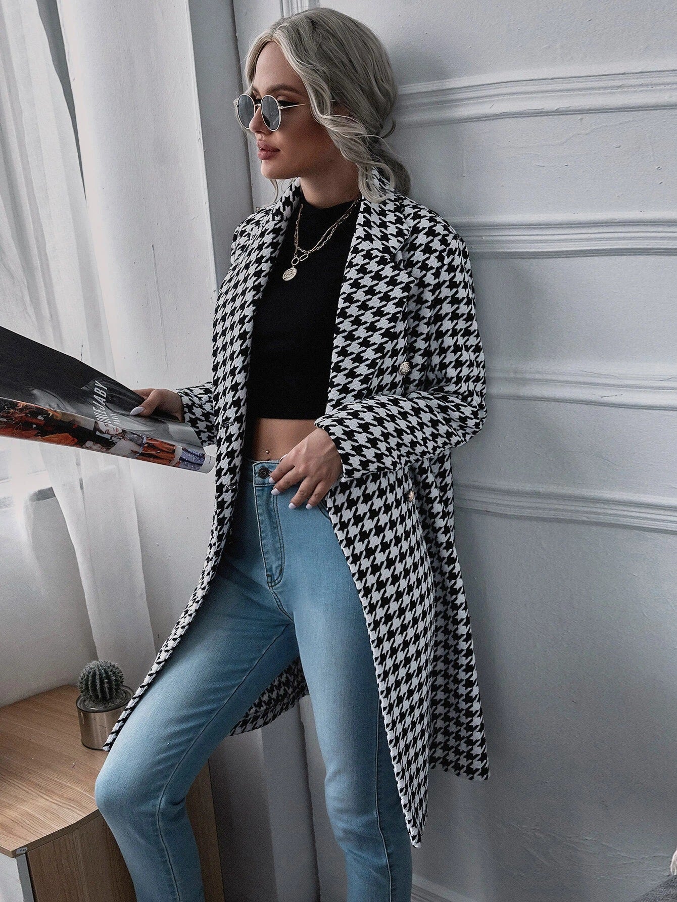 Winter Mid-Length Houndstooth Double-Breasted Casual Coat