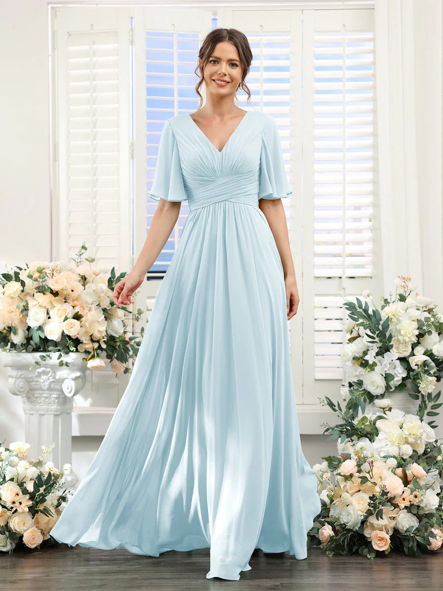 Robe de soirée longue en mousseline de soie à col en V et manches papillon