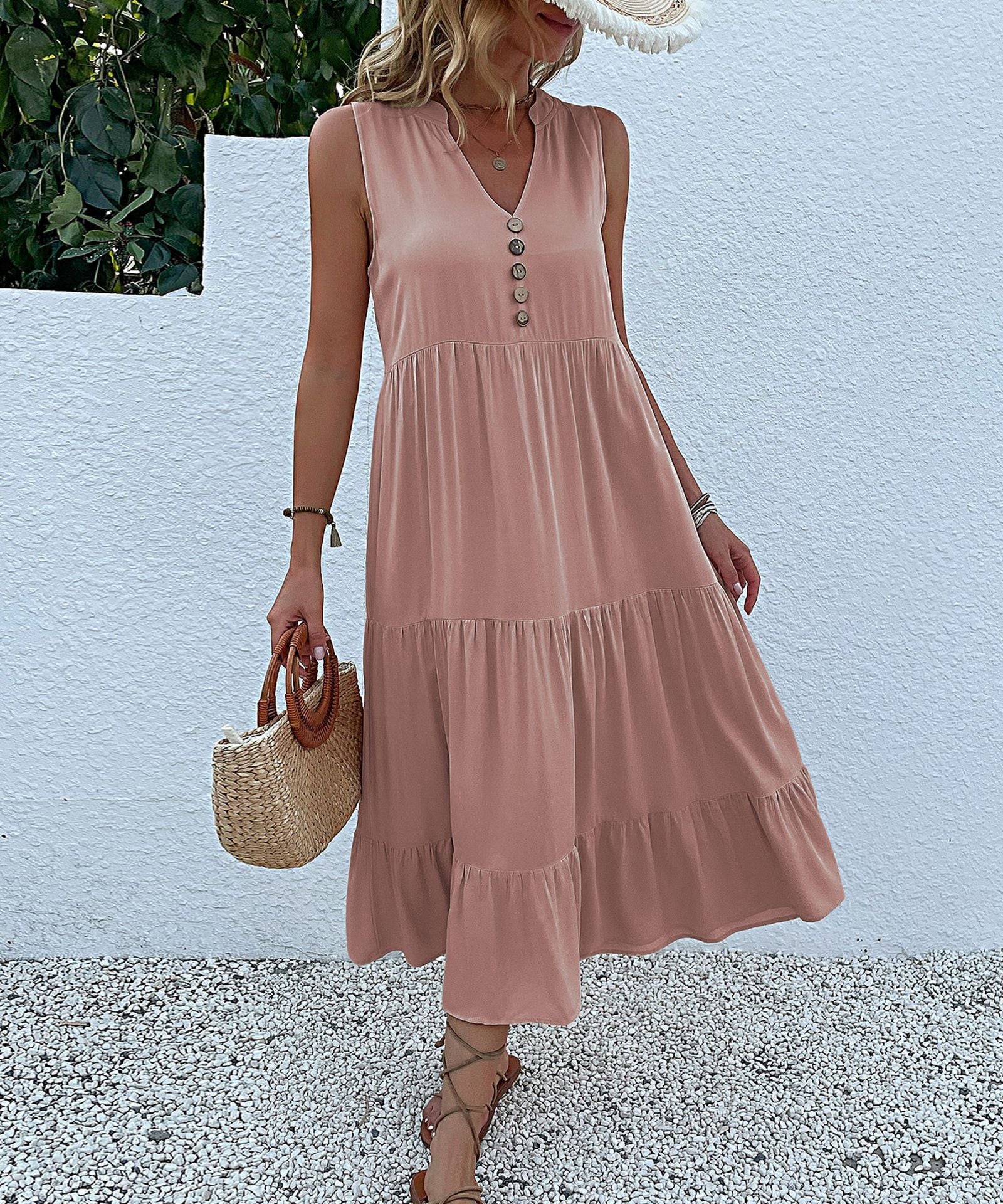 Sleeveless Loose Cotton Sundress Mid-Length Solid Colors