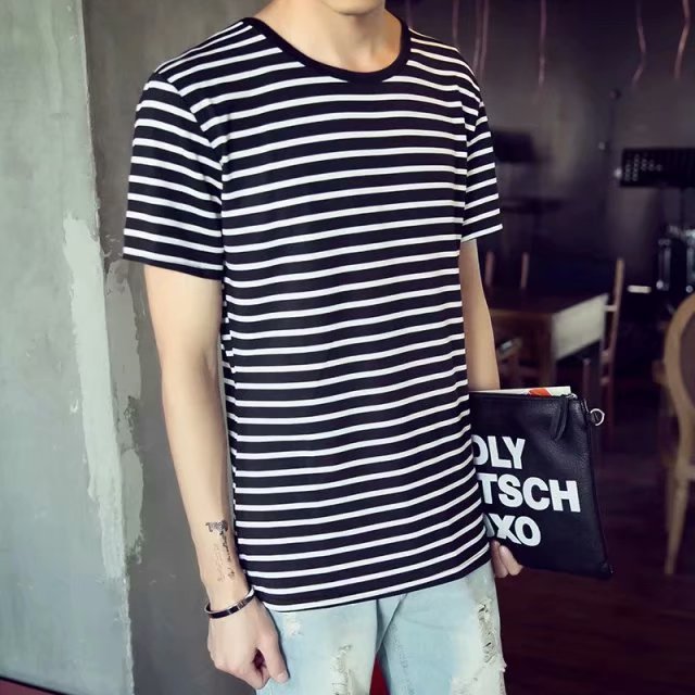 Men's Striped Milk Silk T-Shirt with Size Guide