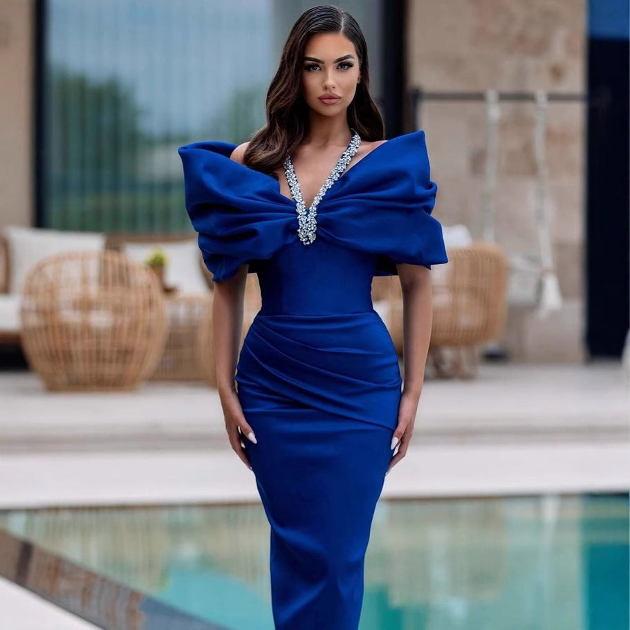 Robe sexy bandage patchwork ornée de perles et de strass pour femme