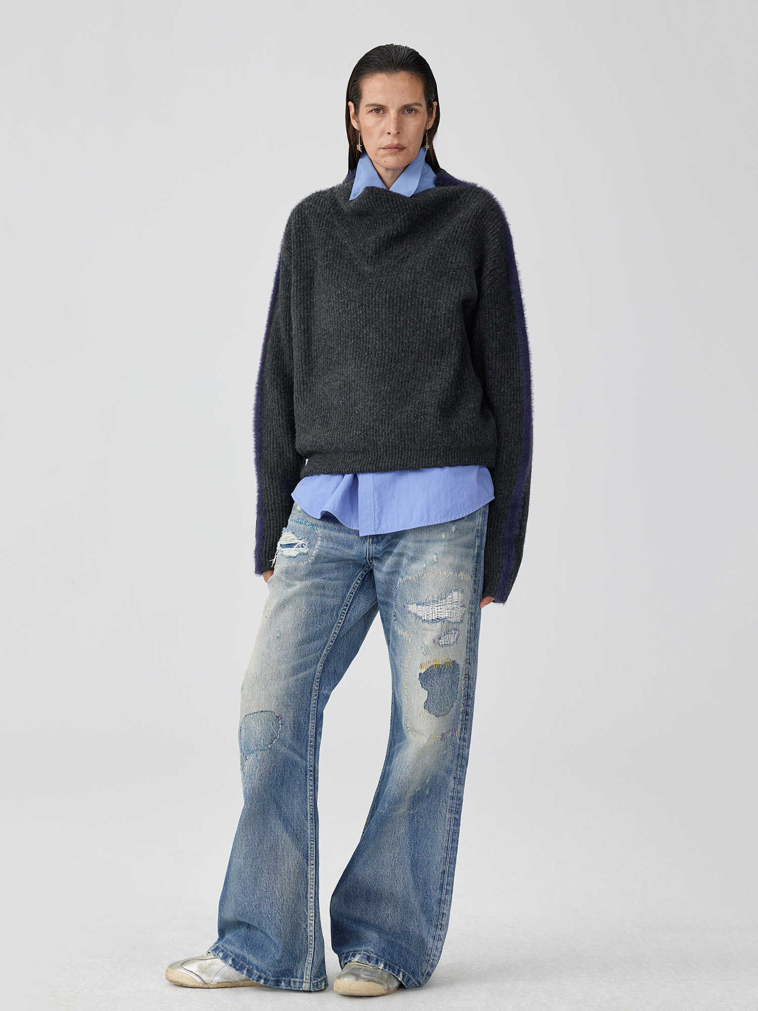 Washed Blue Mid Waist Flared Denim Jeans with Patch & Wire-Track