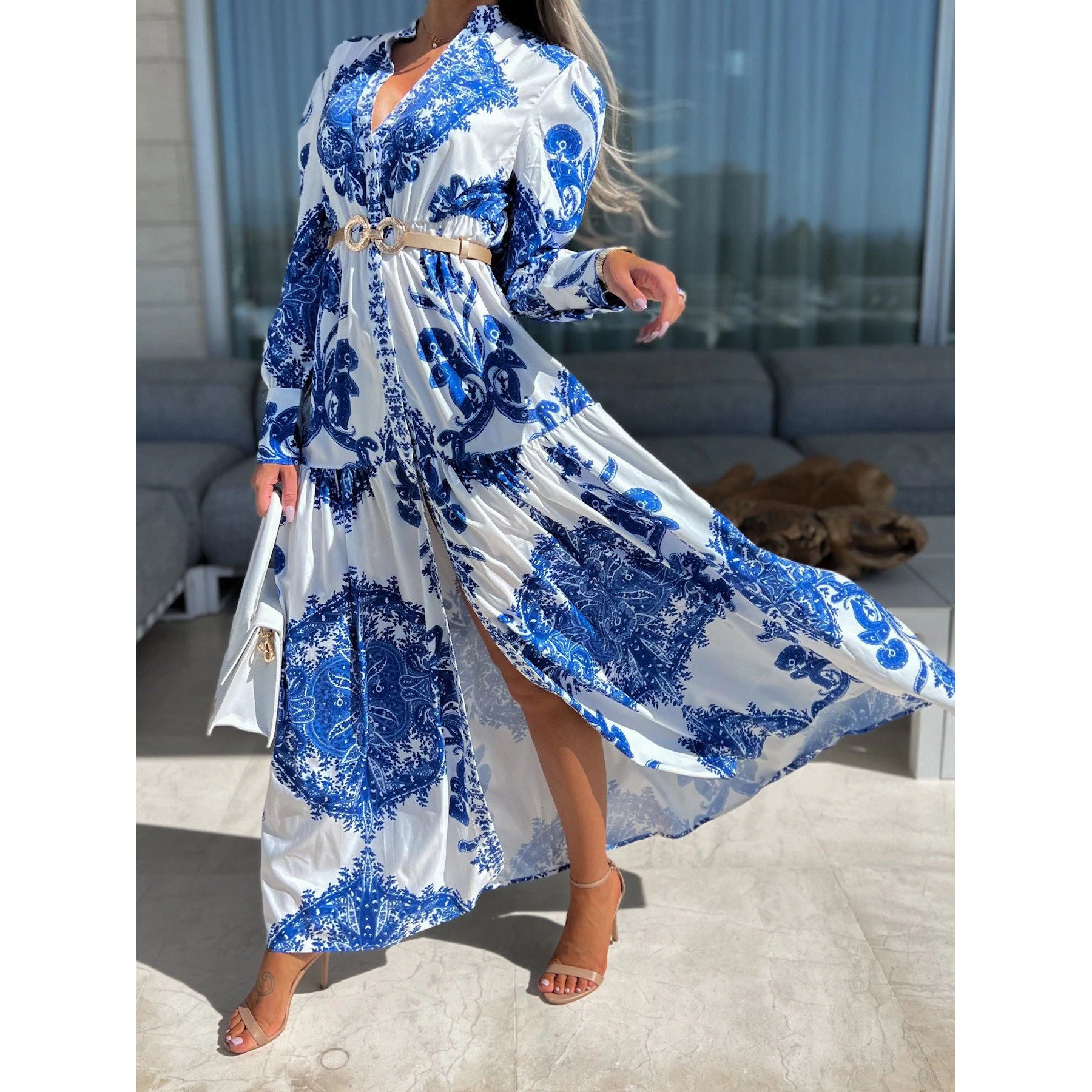 Casual Geometric Print Slit Long Dress