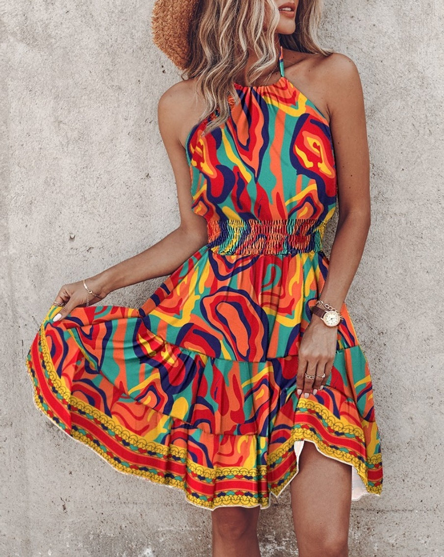 Summer European & American Printed Halter Women's Dress