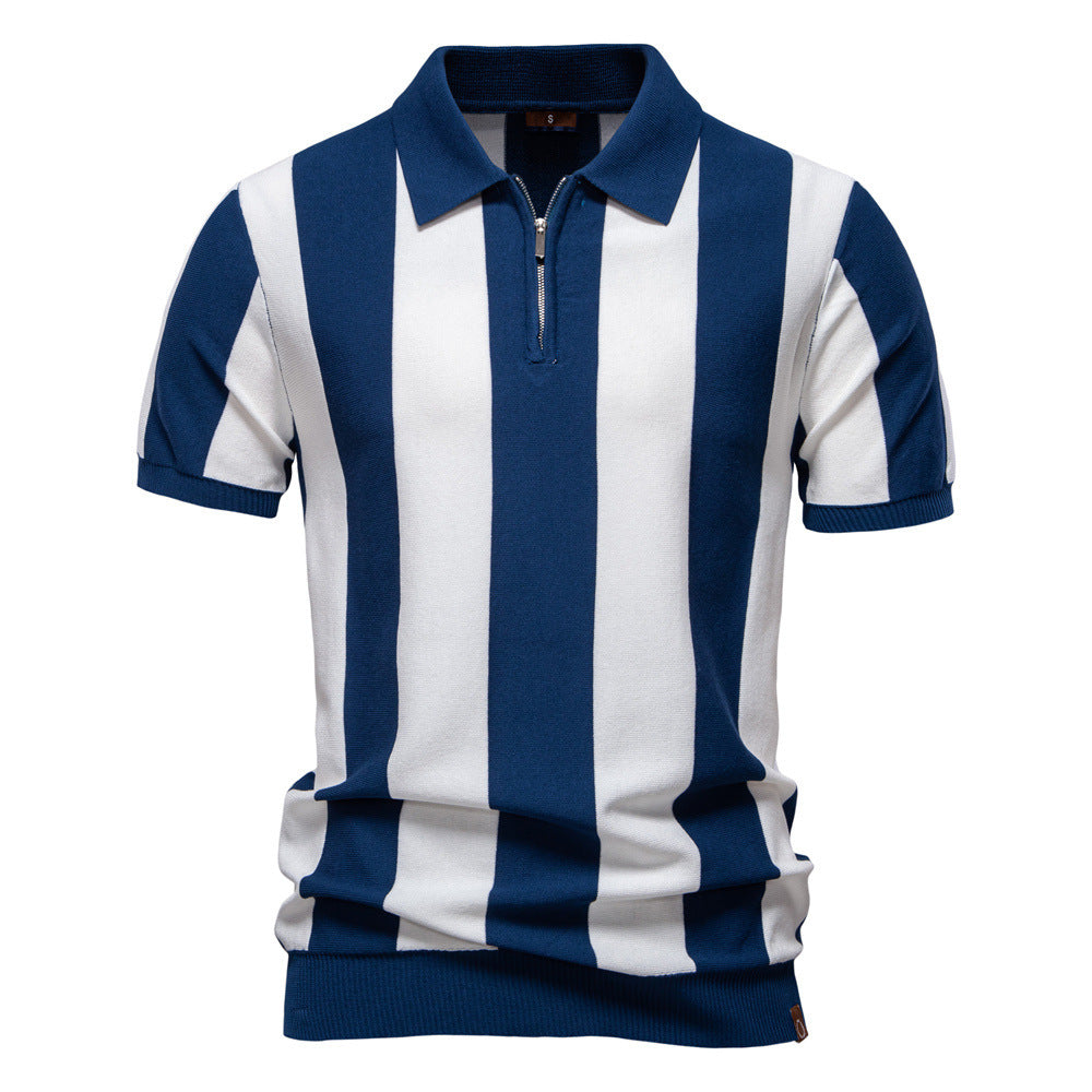 Men's Short-Sleeve Woolen Lapel Polo Shirt with Stripes