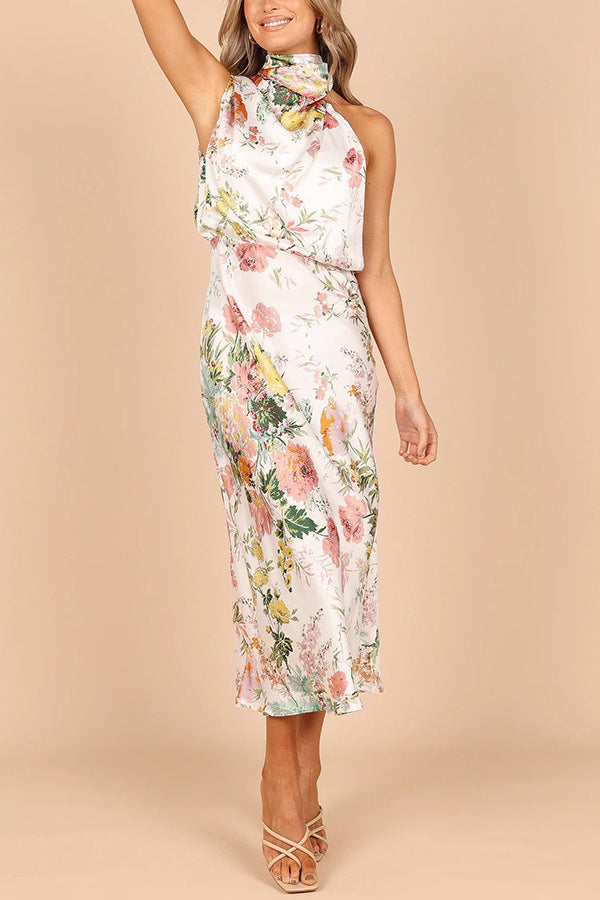 Robe en satin sans manches à taille haute et col licou avec imprimé floral pour femme
