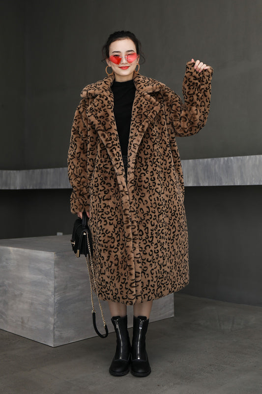 Leopard print oversized suit collar fur coat