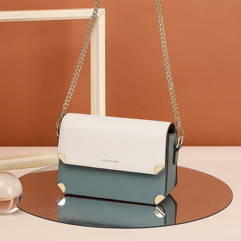 Women's Leather One Shoulder Chain Small Square Bag 19.5x13x6.5cm White Green