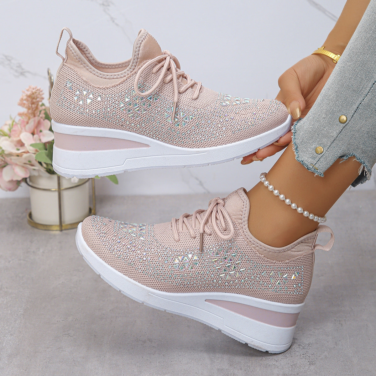 Ins Rhinestone Lace-Up Wedge Sneakers Women's Casual Commuting Sports Shoes