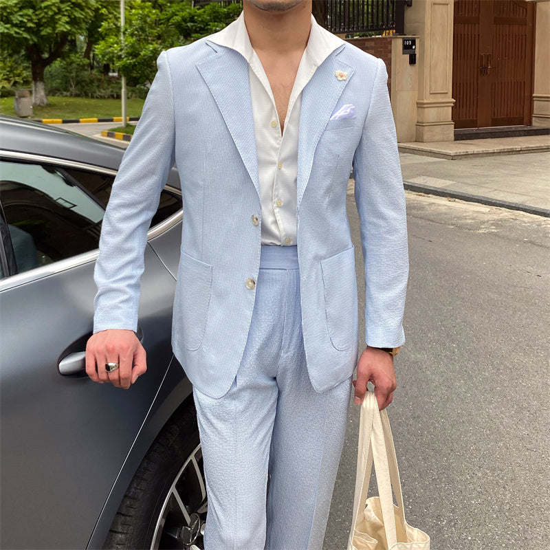 Costume pour homme en seersucker fin rayé bleu