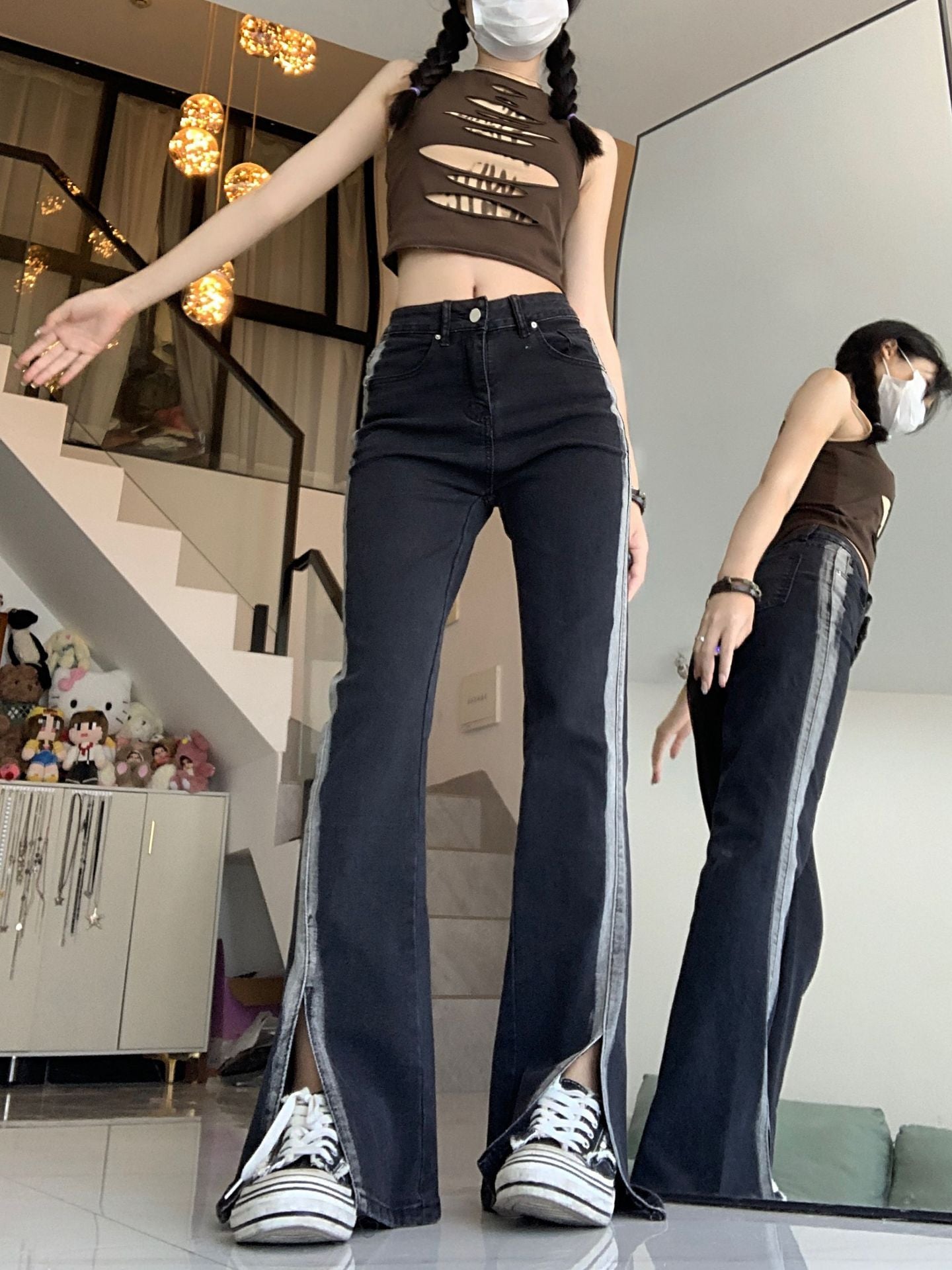 Women's High Waist Black Slit Stretch Jeans
