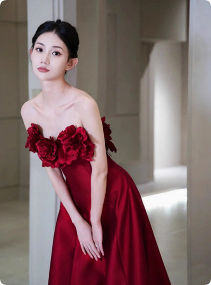 Human Wealth Burgundy Strapless Silk Wedding Toast Dress