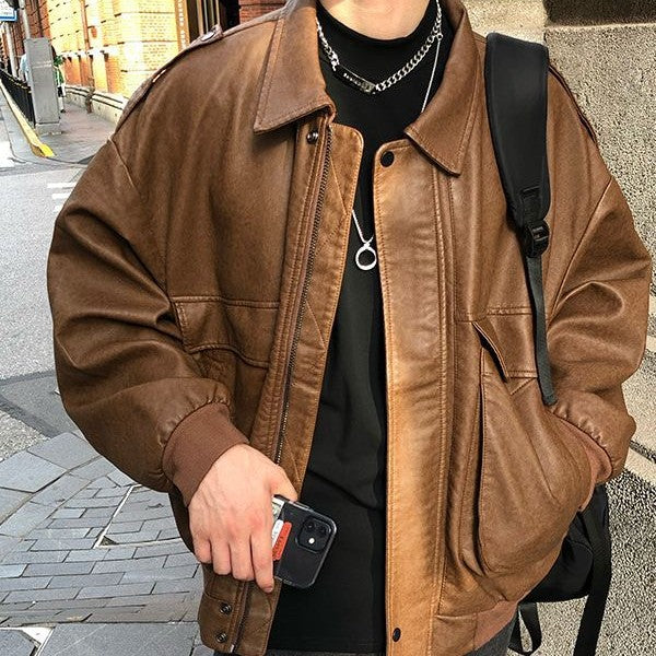 Manteau en similicuir PU marron style motard américain rétro