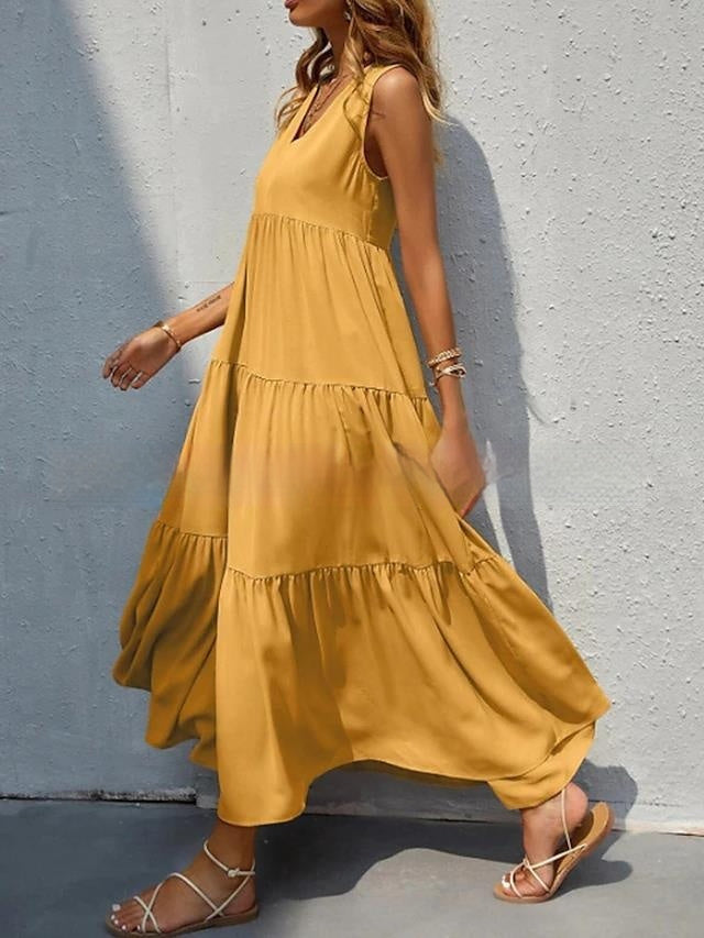 Women's Loose Waist Sleeveless V-Neck Cotton Dress