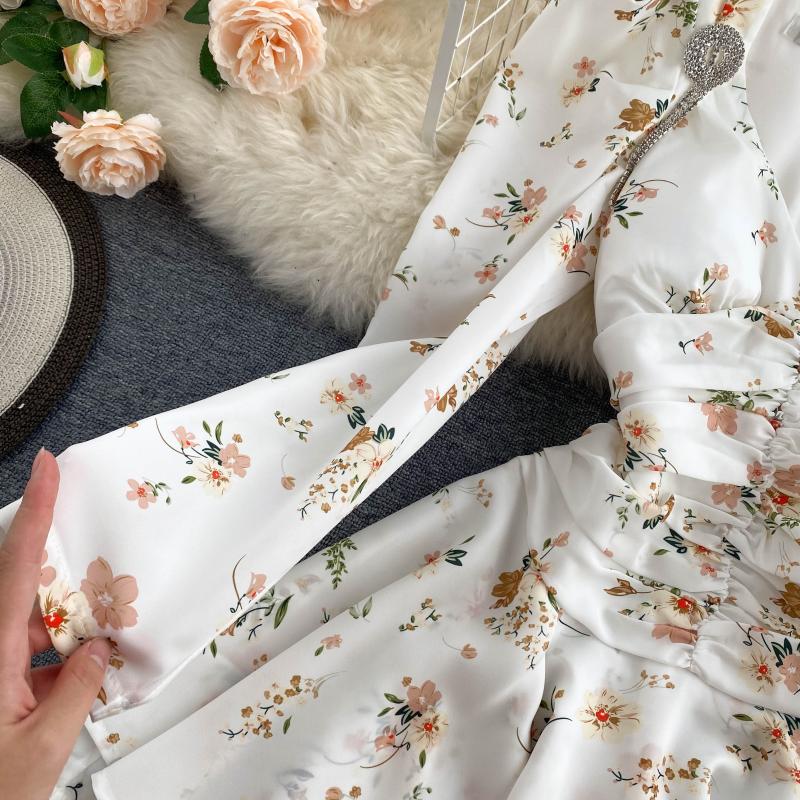 Jupe longue plissée à manches longues à imprimé floral rétro pour femme