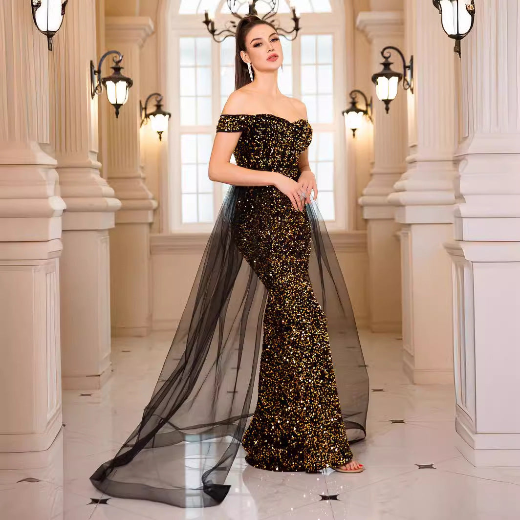 Heavy Industry Fishtail Long Off-Shoulder Banquet Dress