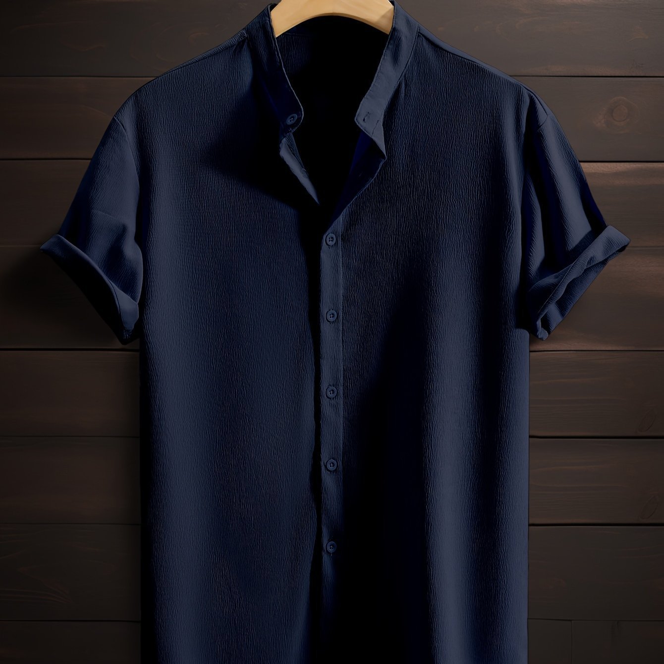Men's Casual Breathable Polyester Short Sleeve Stand Collar Shirt