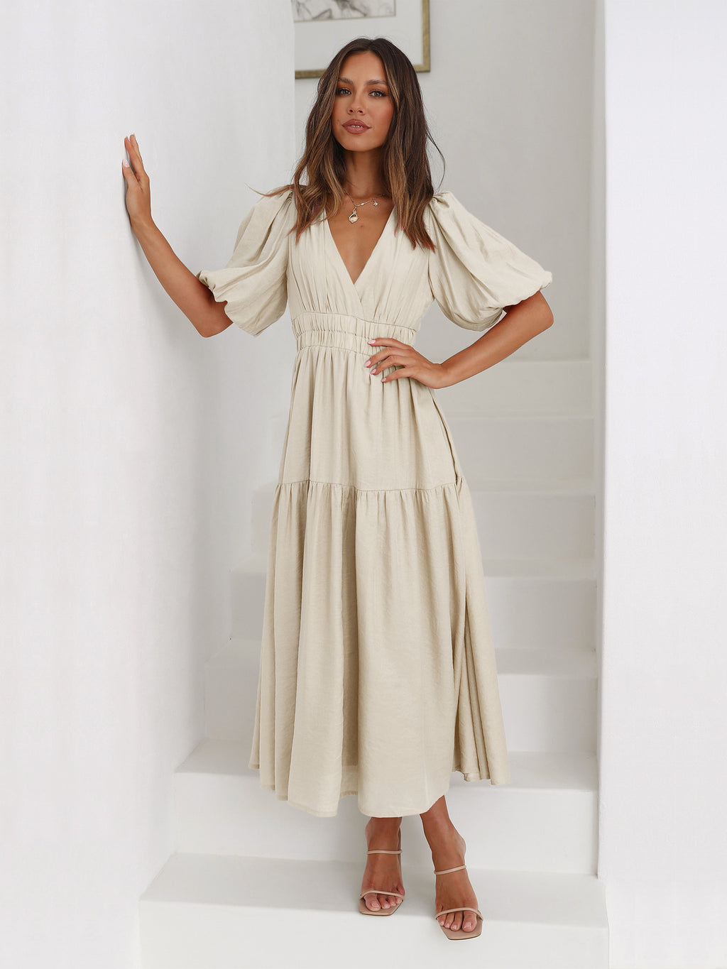Deep V Puff Sleeve High Waist Flounced Dress for Women