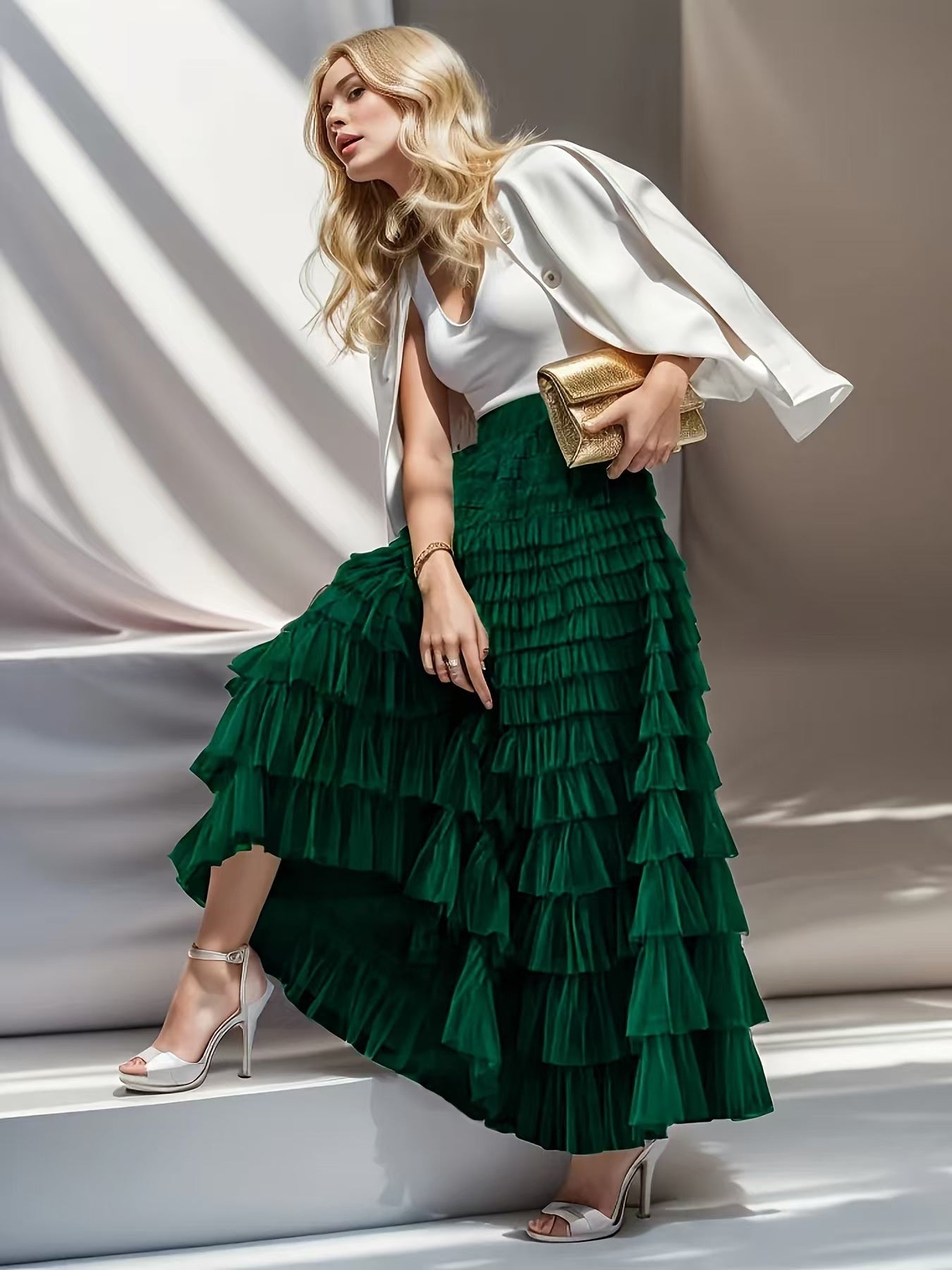 Layered Ruffles Mesh A-Line Swing Skirt Summer Party Dress for Women