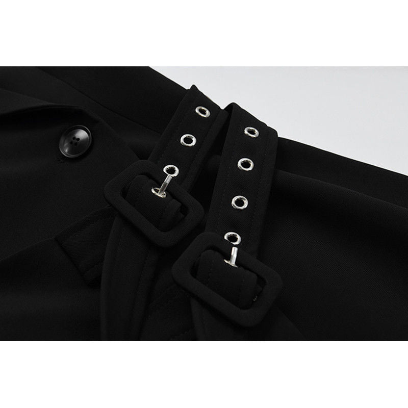 Women's Apricot Black Girdle Design Double-Breasted Blazer