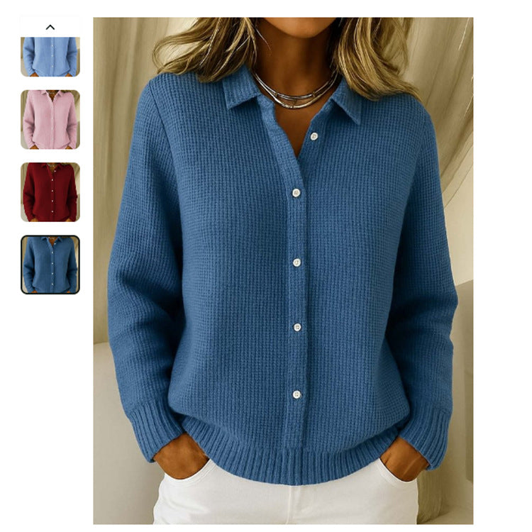 Pull décontracté tricoté à revers boutonné et manches longues pour femme