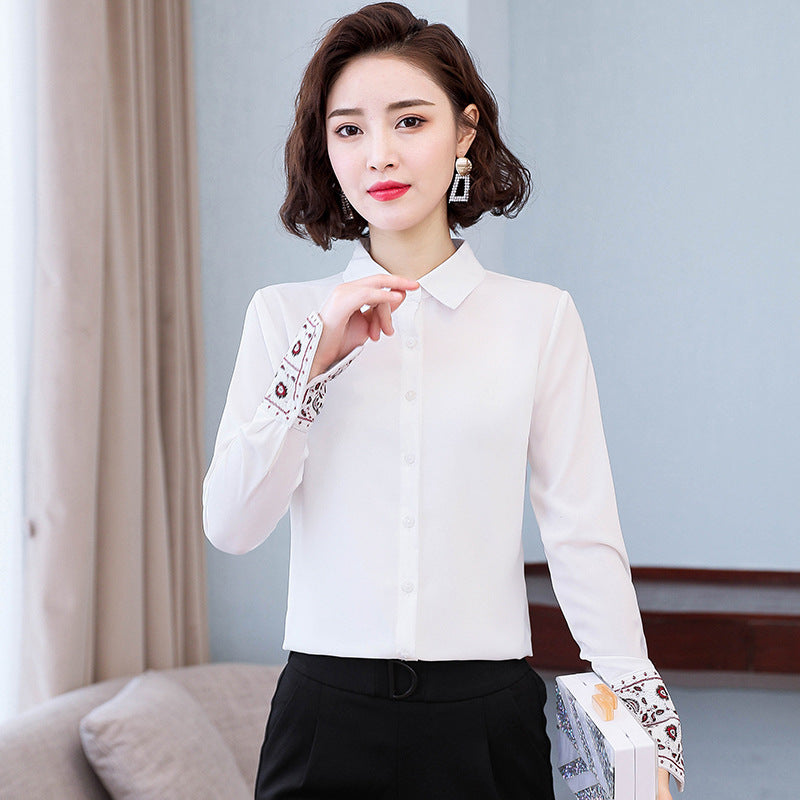 Chemisier en mousseline brodé blanc à manches longues pour femme style chinois
