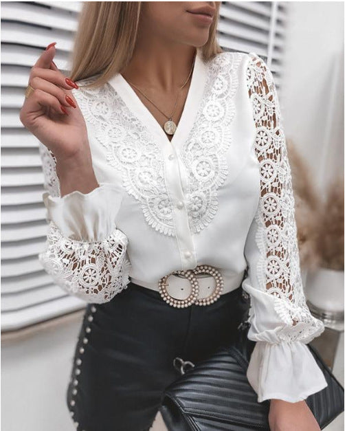 Chemisier Femme Coton Manches Longues Dentelle Coupe Ajustée Printemps