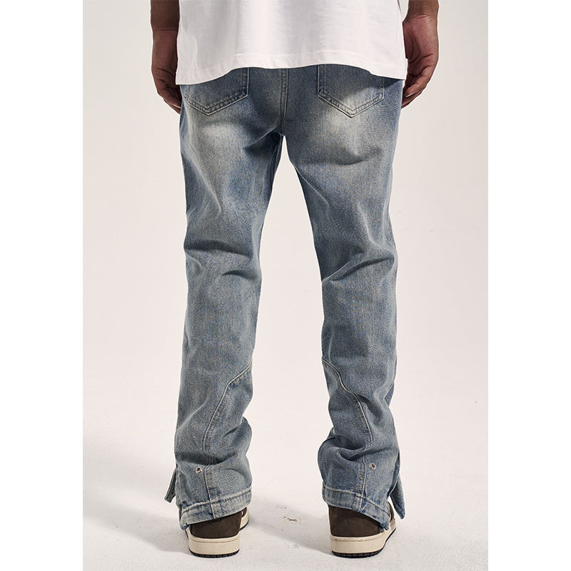 High Street Washed Blue Distressed 3D Cut Jeans With Side Zipper
