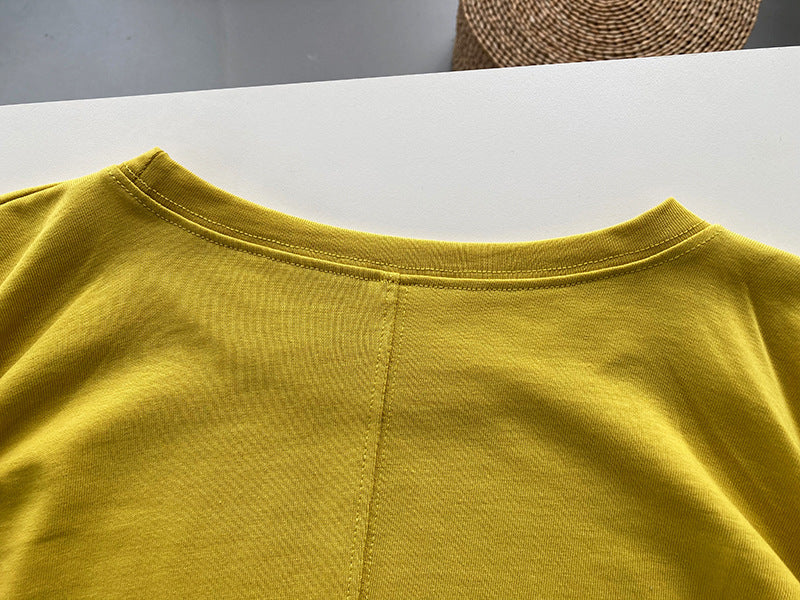T-shirt plissé ample en coton à manches courtes pour femme