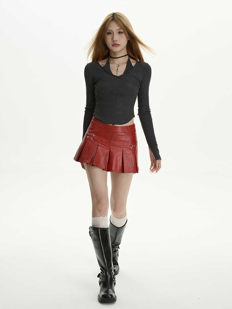 High Waist Pleated A-Line PU Leather Skirt for Women