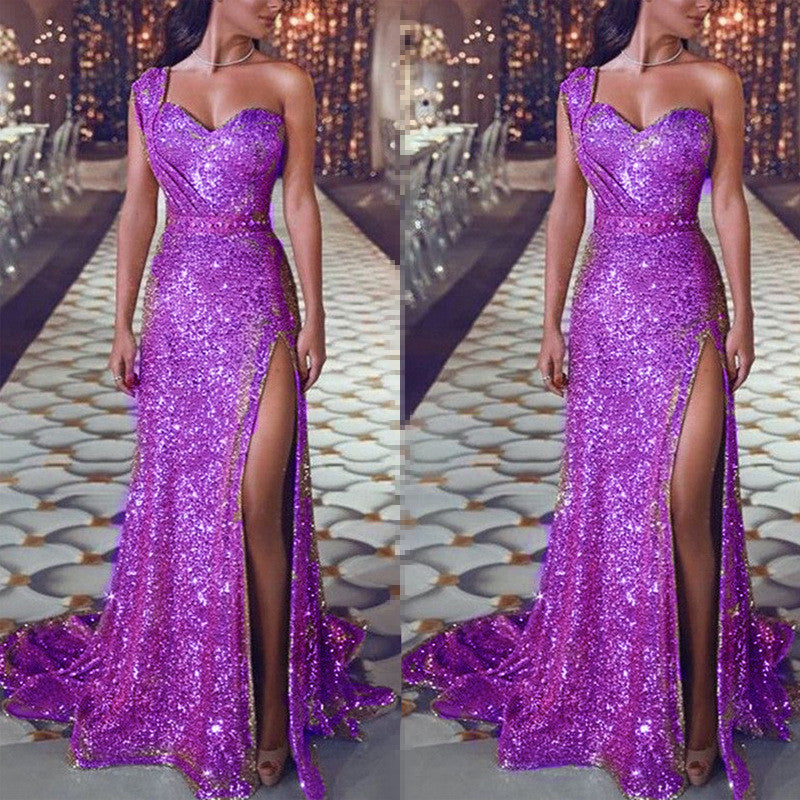 women's sexy one-shoulder sleeveless bronzing dress slit long skirt