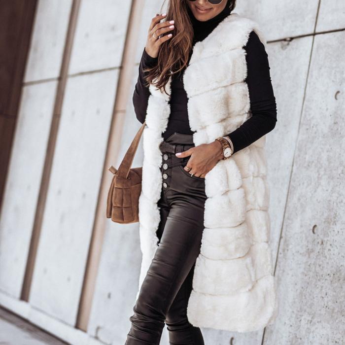 Long round neck fur vest jacket