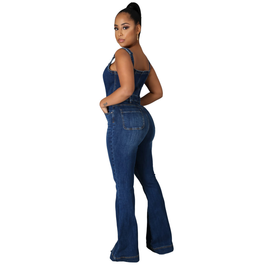 Women's Dark Blue Denim Casual Jumpsuit Mid Waist Wide Leg