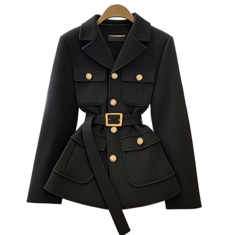 Women's Black Suit Waist Trimming Coat Short