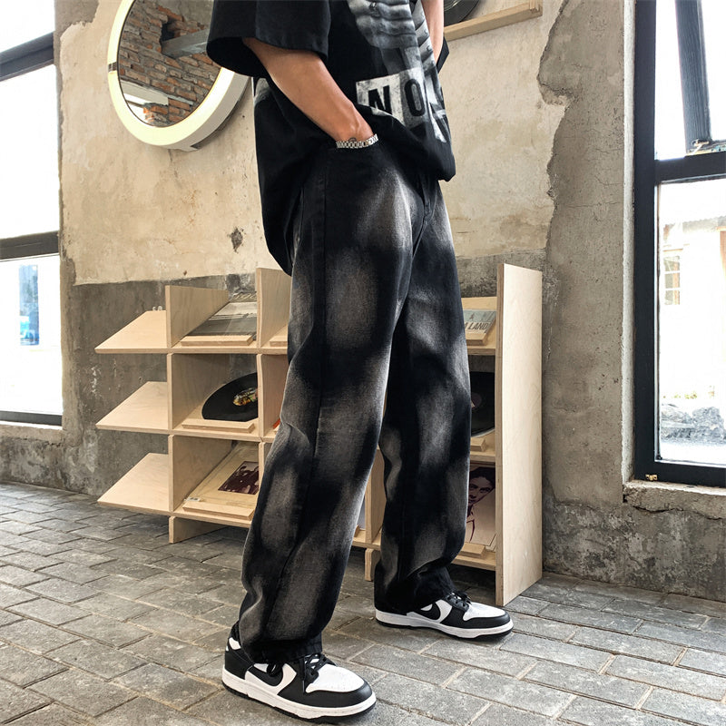 Jean droit noir en coton délavé Tie-Dye Hip-Hop pour hommes et femmes