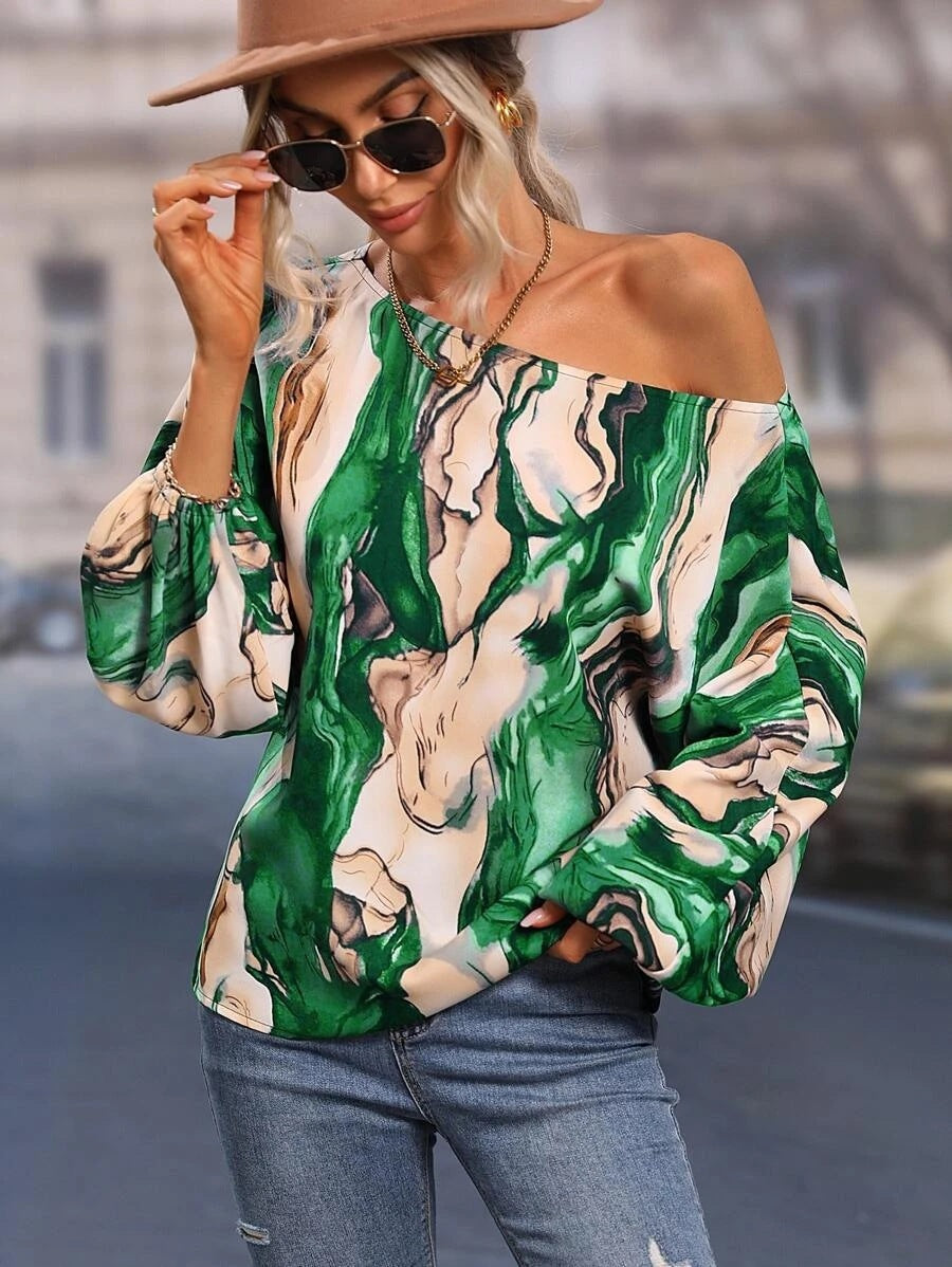 Summer Painted Off-shoulder Bishop Sleeves Top