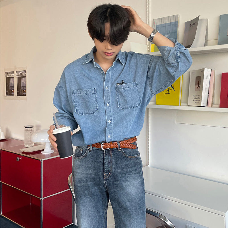 Trendy Denim Shirt Men's Long Sleeve