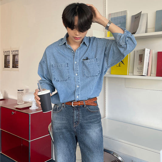 Trendy Denim Shirt Men's Long Sleeve