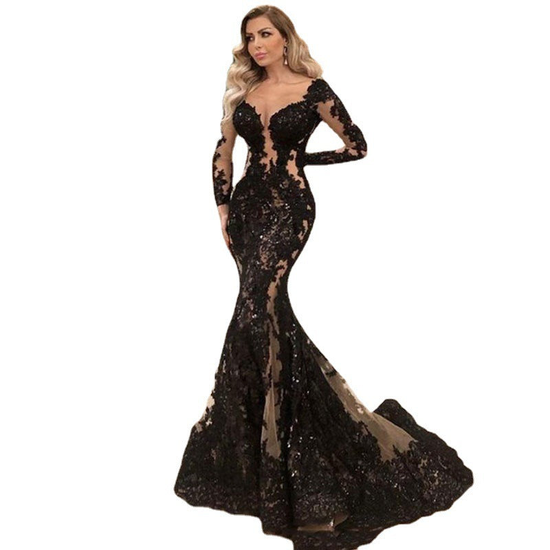 Black Lace Long-sleeved Mermaid Slim Evening Dress