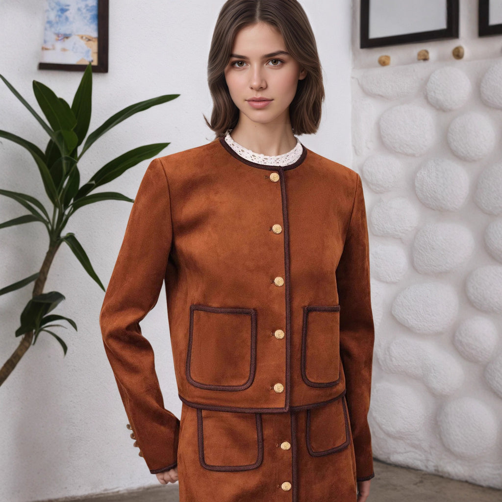 Long-Sleeve Color-Block Trim Short Coat - Slim Fit, Red-Brown