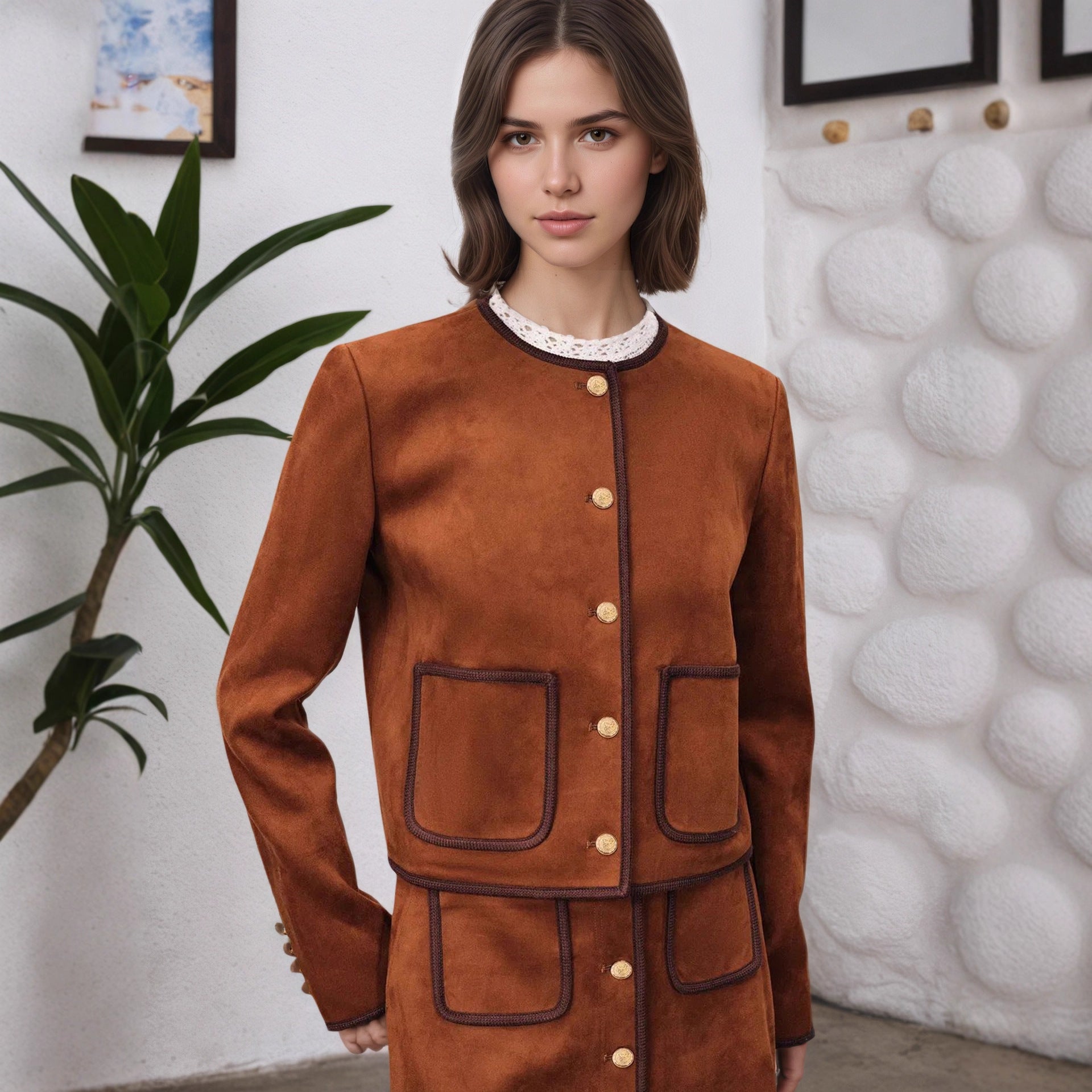 Long-Sleeve Color-Block Trim Short Coat - Slim Fit, Red-Brown