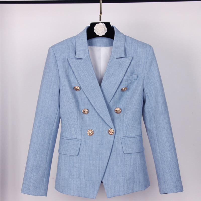 Blazer Femme Rayé en Mélange de Coton à Boutons