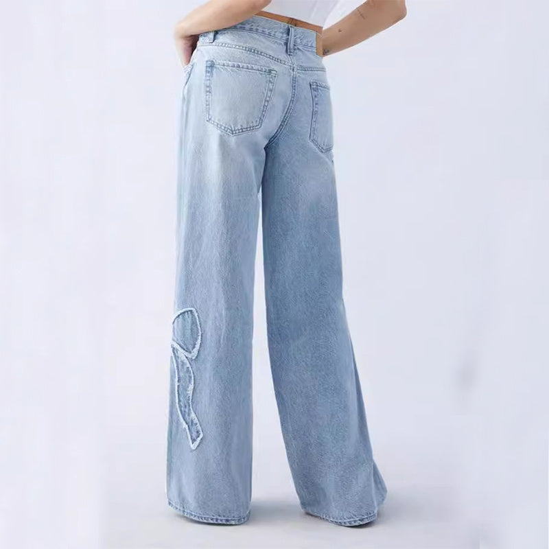 Women's Light Blue Denim Straight Leg Embroidered Butterfly Jeans Baggy Pants