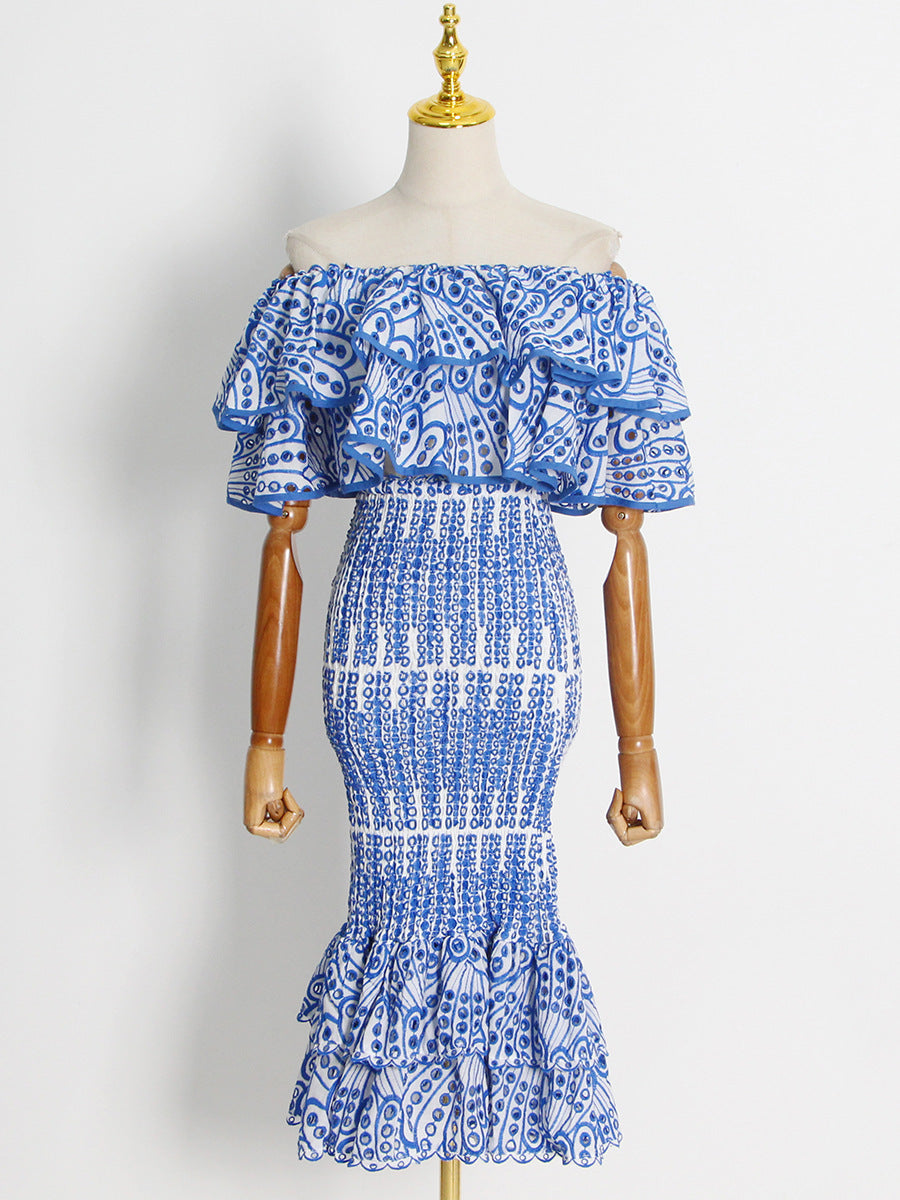 Ensemble chemise irrégulière à volants et jupe sirène taille haute pour femme