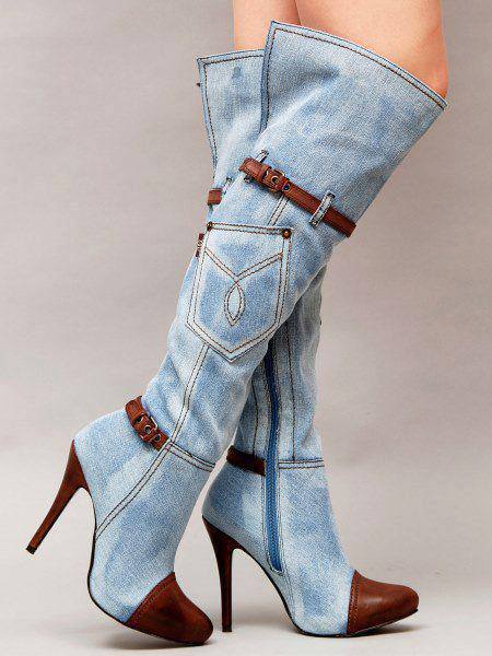Women's Blue Plus Size Knee-High Denim Boots with Stiletto Heel and Stitching
