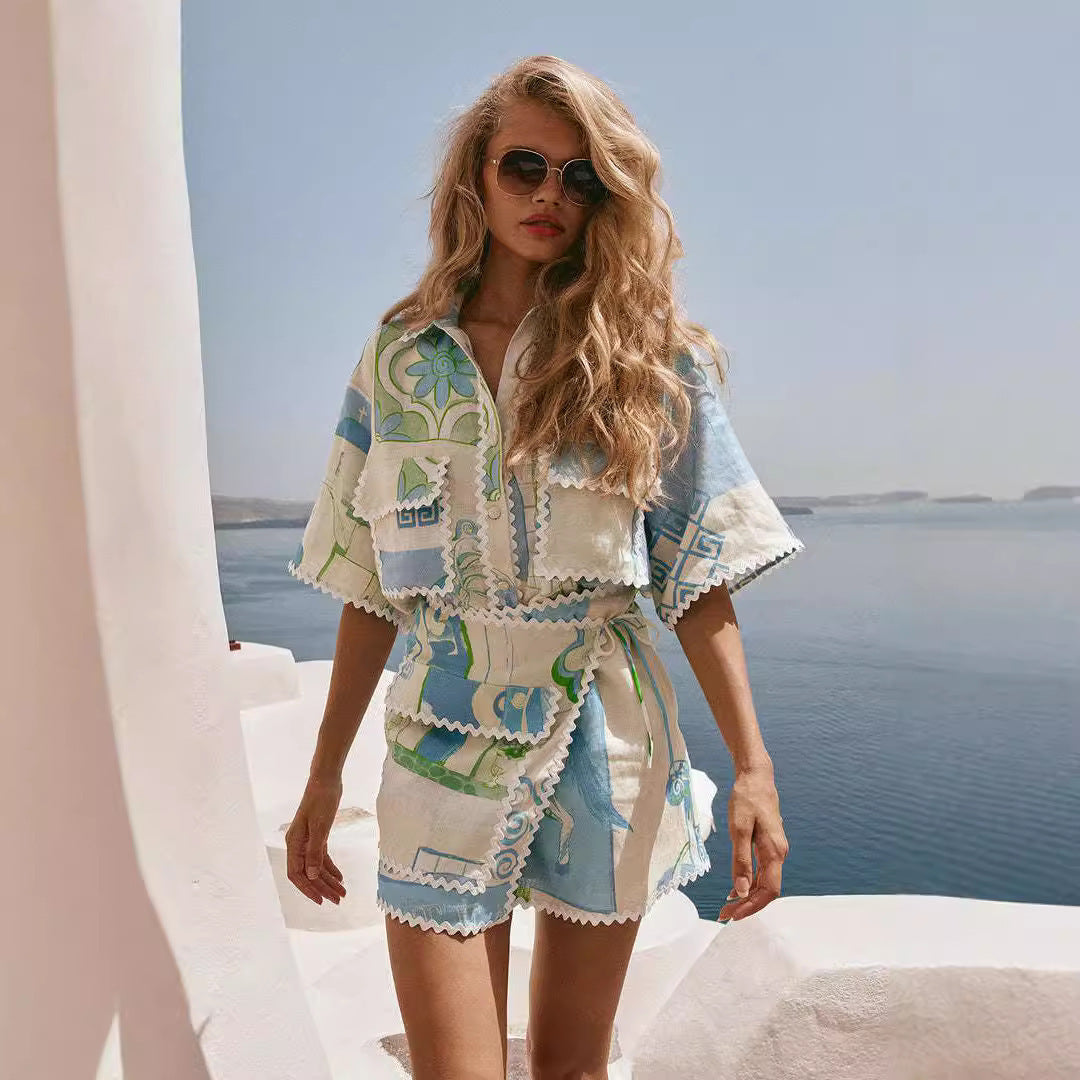 Elegant Geometric Lace Print Suit with Embossed Cotton Linen Fabric