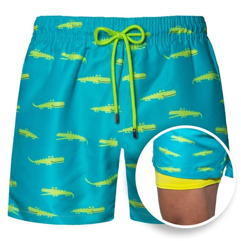 Men's Printed British Stripe Beach Shorts Double Layer Cotton Blend