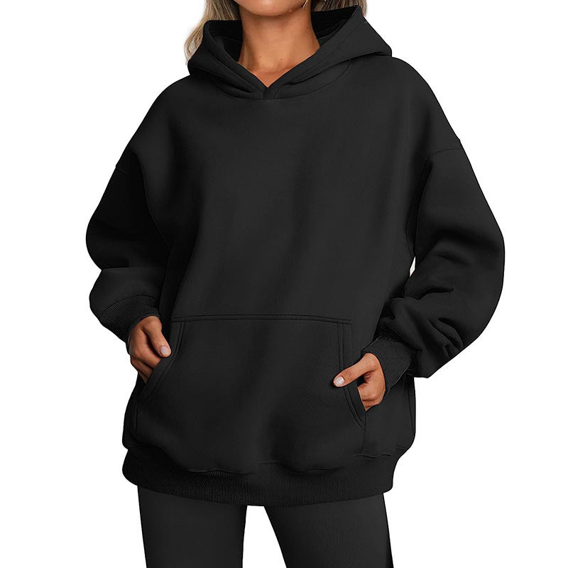 Sweat-shirt à capuche oversize uni avec poches pour femme - Pullover, Polyester, S-XXL