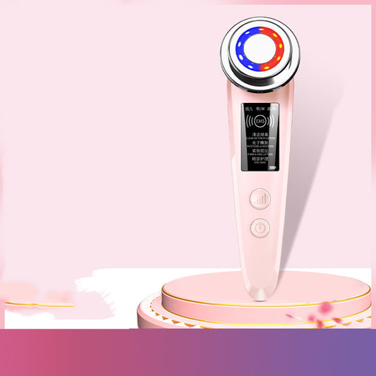 جهاز تدليك لتنظيف مسام الوجه بتقنية العلاج بالضوء الأحمر وشد الوجه على شكل V - وردي وأبيض، 173 ملم