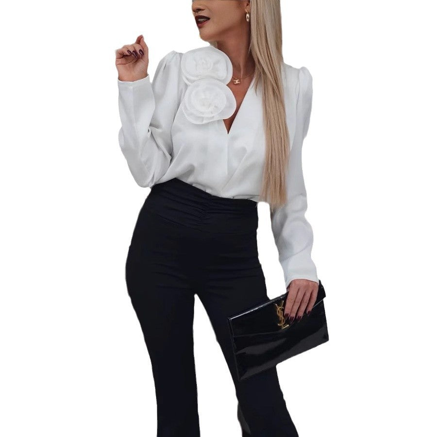 V-Neck Satin Long Sleeve Shirt with Flower Decoration